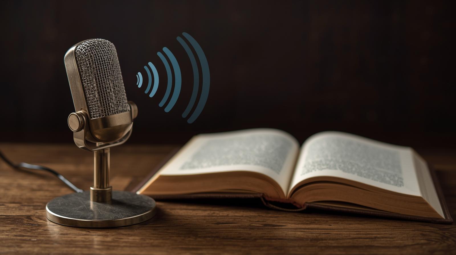 produce an image of a mic with audio, no other equipment, with a book